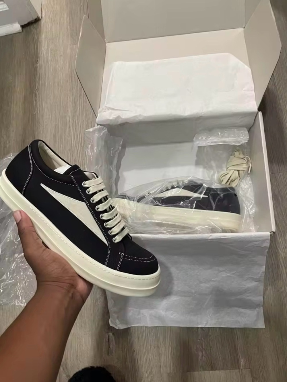 Rick Owens Black Low-Top Sneakers with Cream Accents